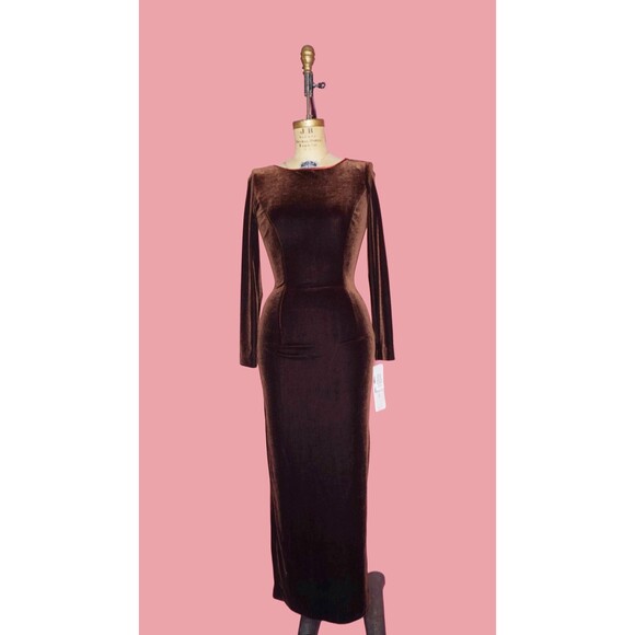 Y2K JESSICA McCLINTOCK NWT. Low Back Rosette Velvet Long Sleeve Maxi Dress. S-M - Picture 2 of 10